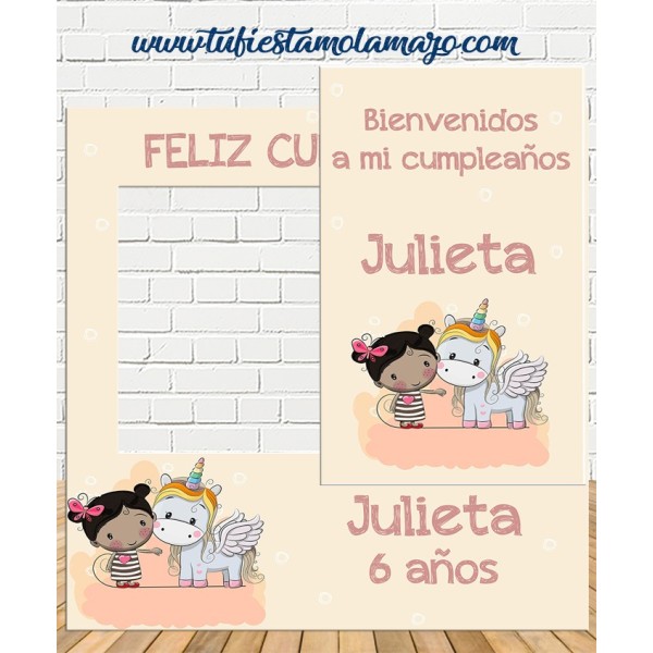 Photocall y cartel infantil niña y unicornio