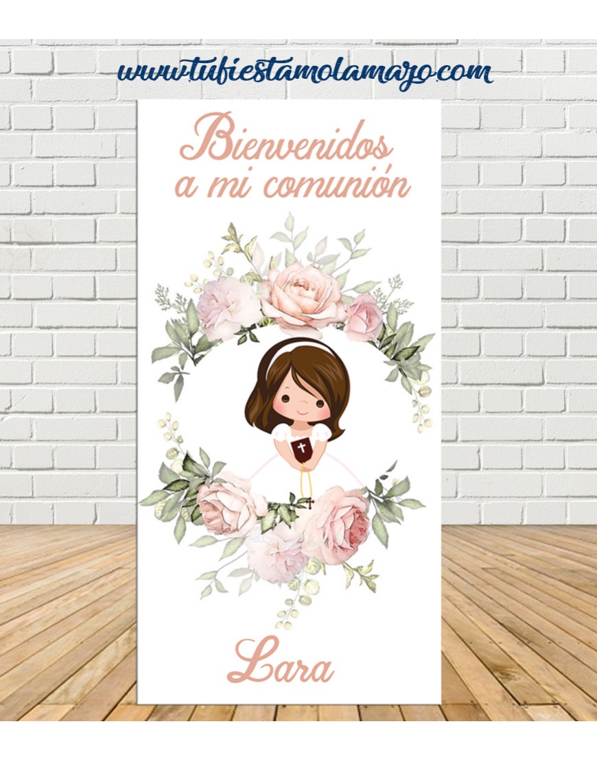 Cartel de comunión niña con aficiones para bienvenida