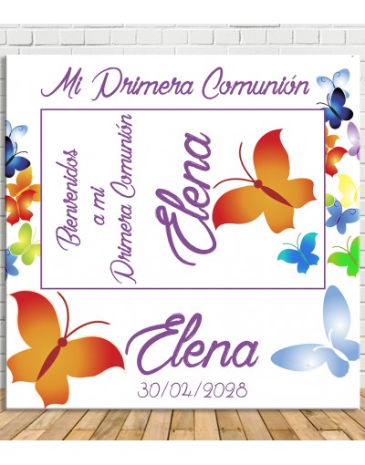 Cartel Bienvenida Primera Comunión Floral Mariposas - Doys Photocall