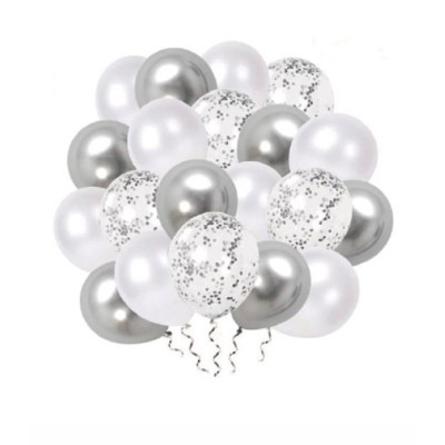 Globos Látex 30cm Blanco, Plata y Confeti Plata